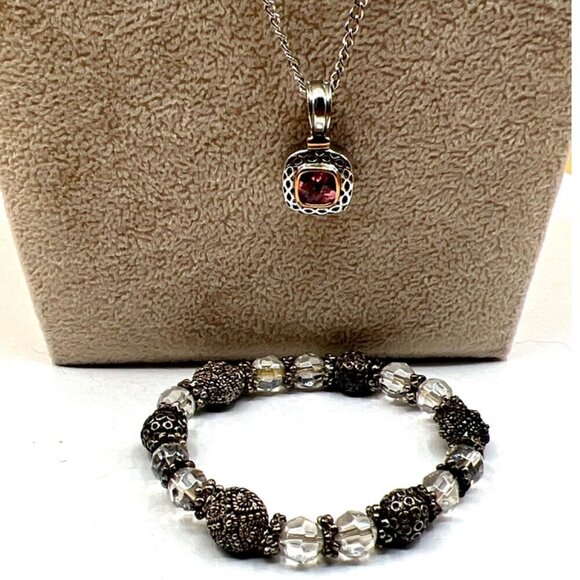 Vintage Silver & Crystal Beaded Bracelet With Pink Stone Pendant Necklace Set. - Picture 1 of 16